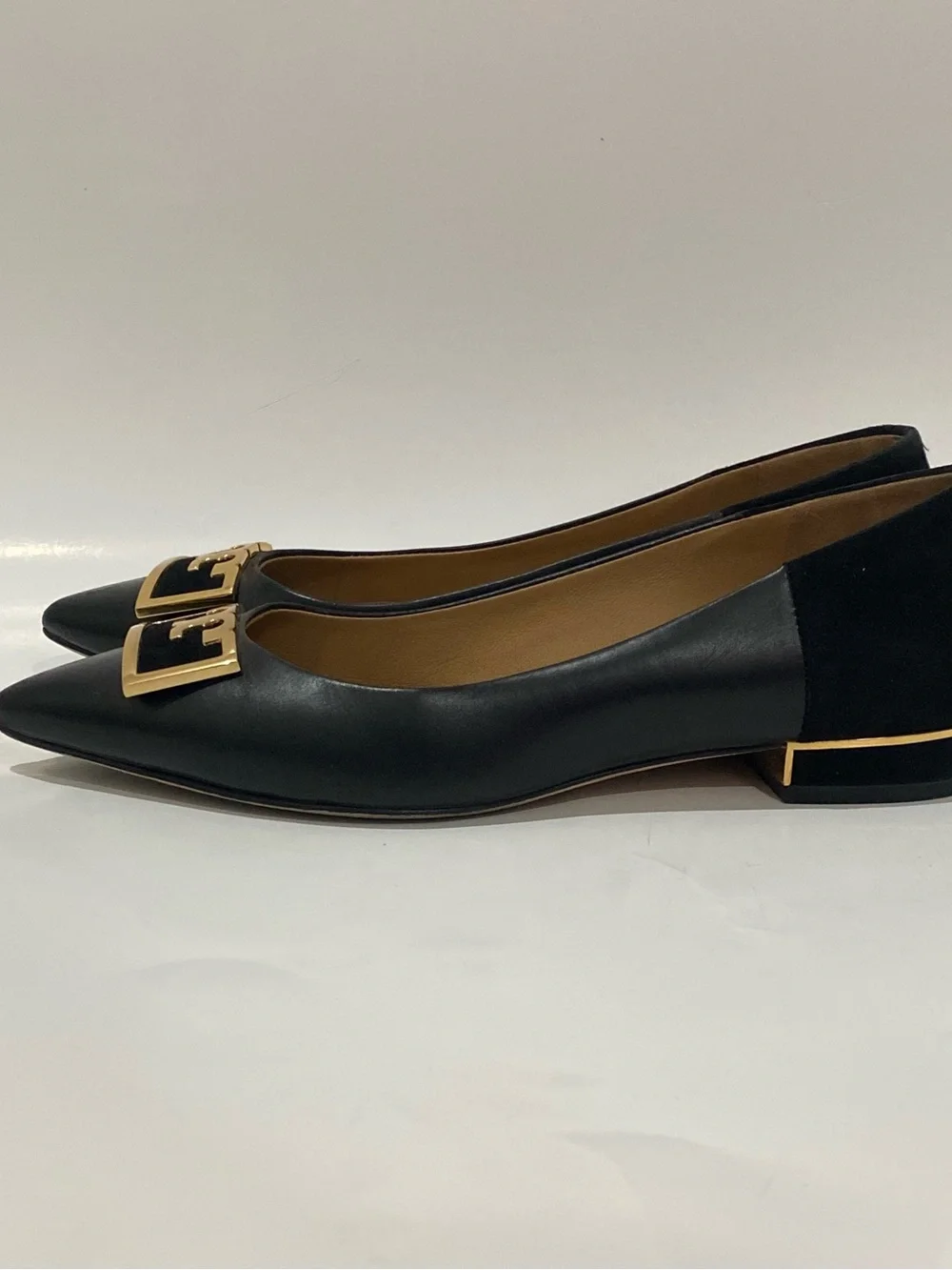 Tory Burch Jessa Black Gold Pointed Toe Logo Buckle Flats Leather Suede